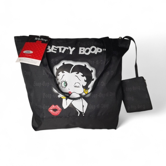Betty Boop Black Canvas Tote Handbag W/ Attached Coin Pouch " Boop-Oop-A-Doop" - Picture 9 of 12